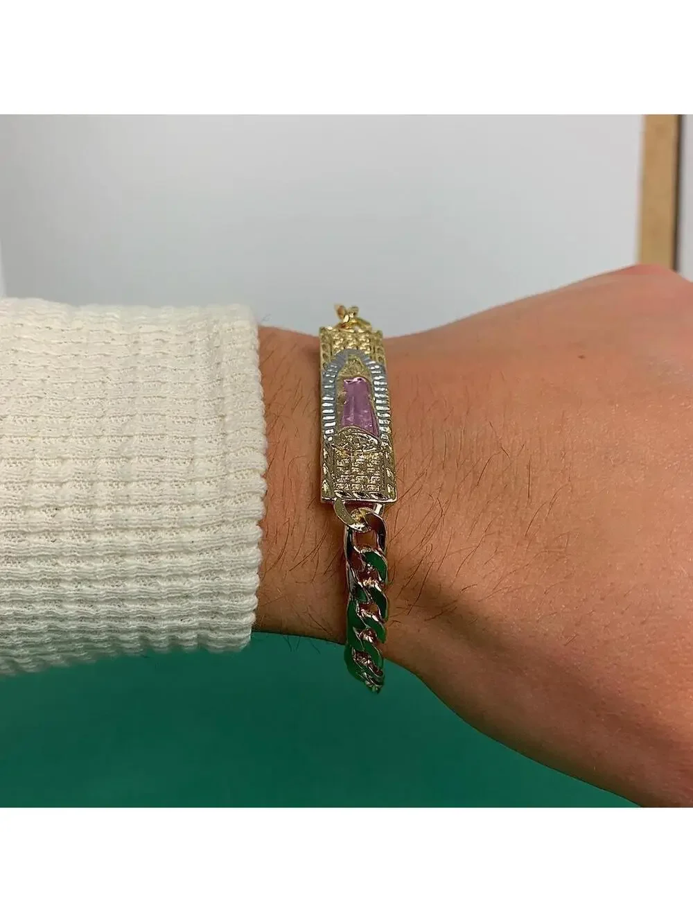 Vintage Y2k Style Gold Saint Marry Pink Pendant Cuban Link Figaro Bracelet.